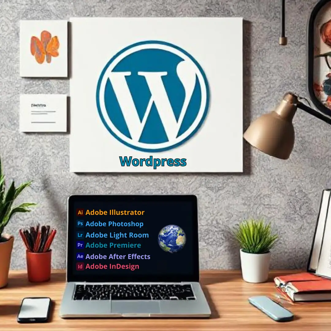 Laptop displaying WordPress and design tools